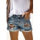 Blue Skull Print Patchwork Frayed High Waist Denim Shorts Blue Skull Print Patchwork Frayed High Waist Denim Shorts