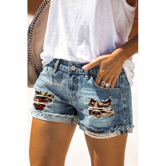 Blue Skull Print Patchwork Frayed High Waist Denim Shorts Blue Skull Print Patchwork Frayed High Waist Denim Shorts