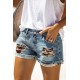 Blue Skull Print Patchwork Frayed High Waist Denim Shorts Blue Skull Print Patchwork Frayed High Waist Denim Shorts
