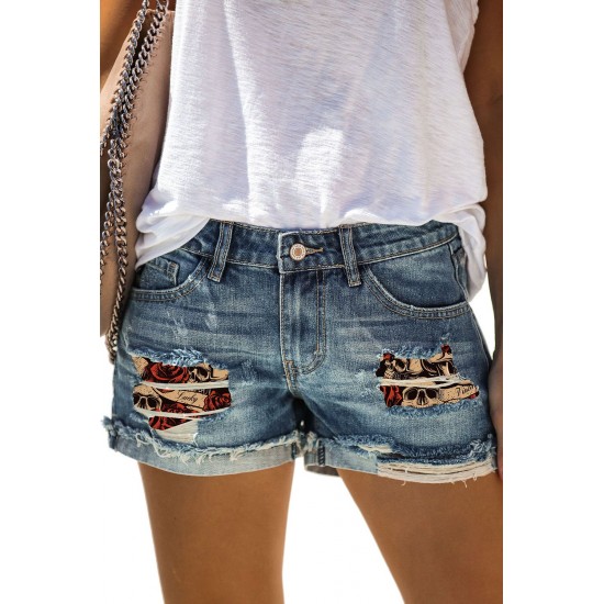 Blue Skull Print Patchwork Frayed High Waist Denim Shorts Blue Skull Print Patchwork Frayed High Waist Denim Shorts