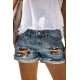 Blue Skull Print Patchwork Frayed High Waist Denim Shorts Blue Skull Print Patchwork Frayed High Waist Denim Shorts