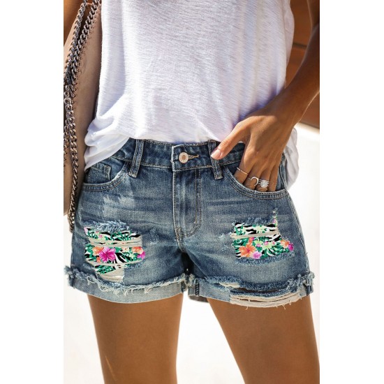 Sky Blue Floral Patchwork Rolled Hem Distressed Denim Shorts Sky Blue Floral Patchwork Rolled Hem Distressed Denim Shorts