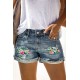 Sky Blue Floral Patchwork Rolled Hem Distressed Denim Shorts Sky Blue Floral Patchwork Rolled Hem Distressed Denim Shorts