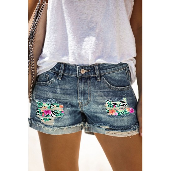 Sky Blue Floral Patchwork Rolled Hem Distressed Denim Shorts Sky Blue Floral Patchwork Rolled Hem Distressed Denim Shorts
