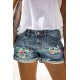 Sky Blue Floral Patchwork Rolled Hem Distressed Denim Shorts Sky Blue Floral Patchwork Rolled Hem Distressed Denim Shorts