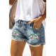 Sky Blue Floral Patchwork Rolled Hem Distressed Denim Shorts Sky Blue Floral Patchwork Rolled Hem Distressed Denim Shorts
