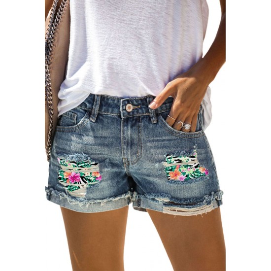 Sky Blue Floral Patchwork Rolled Hem Distressed Denim Shorts Sky Blue Floral Patchwork Rolled Hem Distressed Denim Shorts