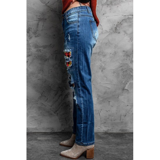 Sunflower Plaid Patch Ripped Boyfriend Jeans Sunflower Plaid Patch Ripped Boyfriend Jeans