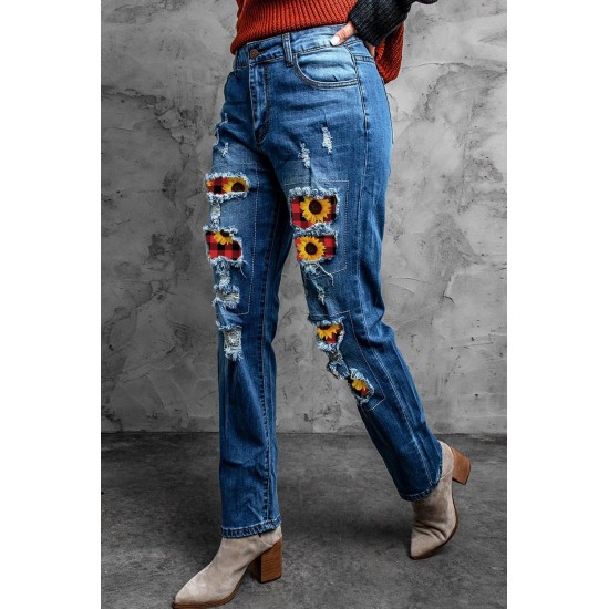 Sunflower Plaid Patch Ripped Boyfriend Jeans Sunflower Plaid Patch Ripped Boyfriend Jeans
