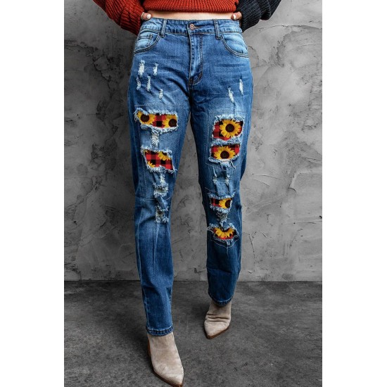 Sunflower Plaid Patch Ripped Boyfriend Jeans Sunflower Plaid Patch Ripped Boyfriend Jeans