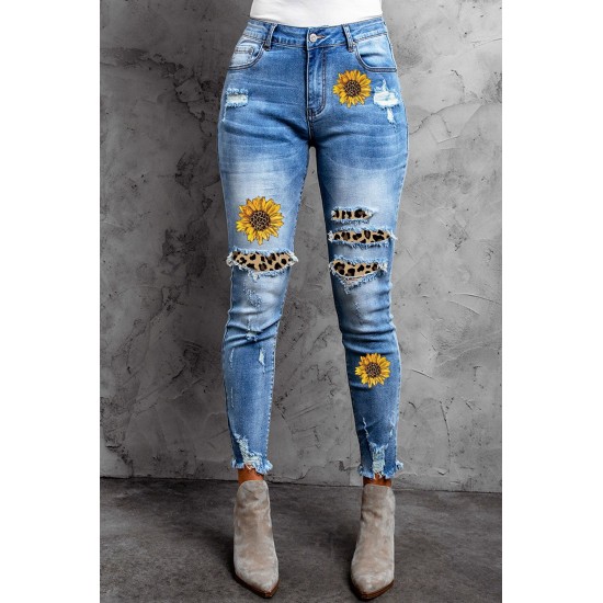 Sunflower Print Leopard Patchwork Distressed Skinny Jeans Sunflower Print Leopard Patchwork Distressed Skinny Jeans
