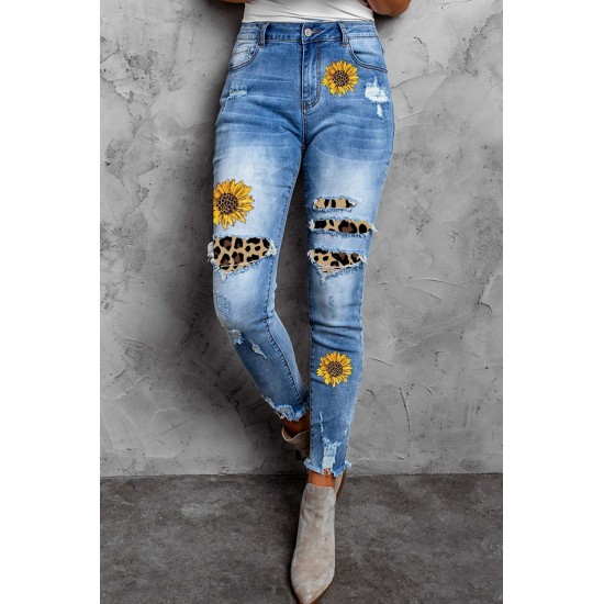 Sunflower Print Leopard Patchwork Distressed Skinny Jeans Sunflower Print Leopard Patchwork Distressed Skinny Jeans