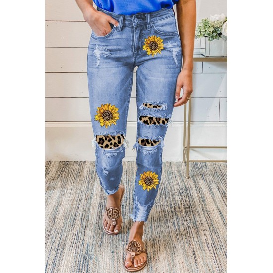 Sunflower Print Leopard Patchwork Distressed Skinny Jeans Sunflower Print Leopard Patchwork Distressed Skinny Jeans