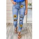 Sunflower Print Leopard Patchwork Distressed Skinny Jeans Sunflower Print Leopard Patchwork Distressed Skinny Jeans