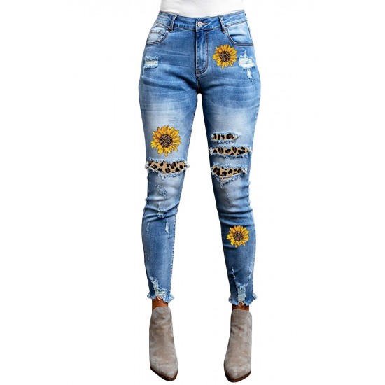 Sunflower Print Leopard Patchwork Distressed Skinny Jeans Sunflower Print Leopard Patchwork Distressed Skinny Jeans