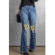 Sunflower Patchwork Raw Hem Distressed Flare Jeans Sunflower Patchwork Raw Hem Distressed Flare Jeans