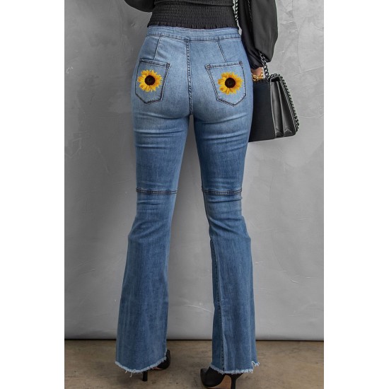 Sunflower Patchwork Raw Hem Distressed Flare Jeans Sunflower Patchwork Raw Hem Distressed Flare Jeans