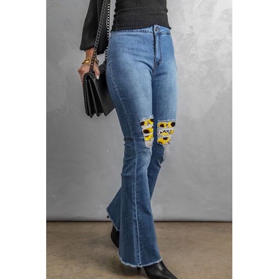 Sunflower Patchwork Raw Hem Distressed Flare Jeans Sunflower Patchwork Raw Hem Distressed Flare Jeans