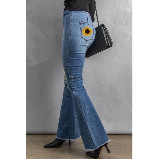 Sunflower Patchwork Raw Hem Distressed Flare Jeans Sunflower Patchwork Raw Hem Distressed Flare Jeans