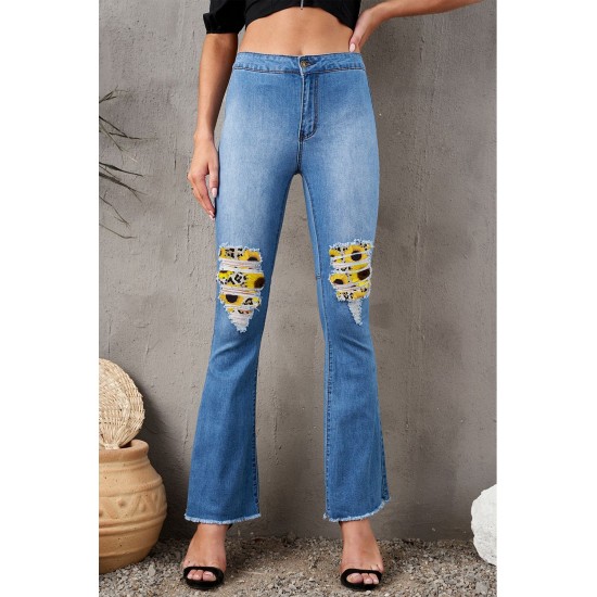 Sunflower Patchwork Raw Hem Distressed Flare Jeans Sunflower Patchwork Raw Hem Distressed Flare Jeans