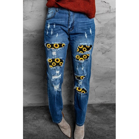Sunflower Patchwork Straight Leg Distressed Jeans Sunflower Patchwork Straight Leg Distressed Jeans