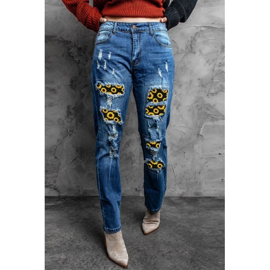 Sunflower Patchwork Straight Leg Distressed Jeans Sunflower Patchwork Straight Leg Distressed Jeans