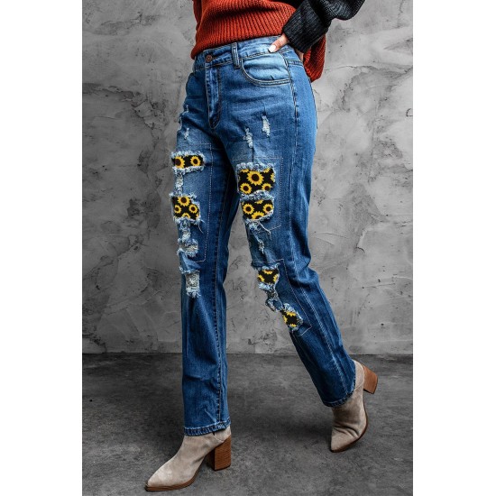 Sunflower Patchwork Straight Leg Distressed Jeans Sunflower Patchwork Straight Leg Distressed Jeans