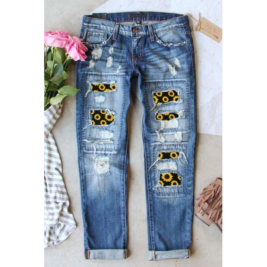 Sunflower Patchwork Straight Leg Distressed Jeans Sunflower Patchwork Straight Leg Distressed Jeans
