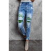 Sky Blue Lucky Clover Print Plaid Patchwork Skinny Fit Distressed Jeans
