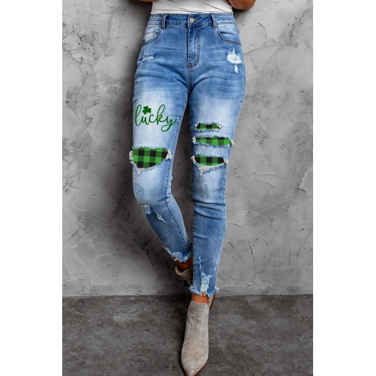 Sky Blue Lucky Clover Print Plaid Patchwork Skinny Fit Distressed Jeans Sky Blue Lucky Clover Print Plaid Patchwork Skinny Fit Distressed Jeans