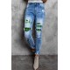 Sky Blue Lucky Clover Print Plaid Patchwork Skinny Fit Distressed Jeans Sky Blue Lucky Clover Print Plaid Patchwork Skinny Fit Distressed Jeans