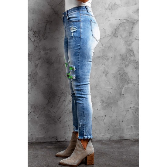Sky Blue Lucky Clover Print Plaid Patchwork Skinny Fit Distressed Jeans Sky Blue Lucky Clover Print Plaid Patchwork Skinny Fit Distressed Jeans