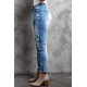 Sky Blue Lucky Clover Print Plaid Patchwork Skinny Fit Distressed Jeans Sky Blue Lucky Clover Print Plaid Patchwork Skinny Fit Distressed Jeans
