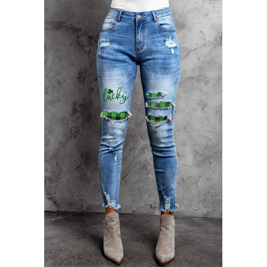 Sky Blue Lucky Clover Print Plaid Patchwork Skinny Fit Distressed Jeans Sky Blue Lucky Clover Print Plaid Patchwork Skinny Fit Distressed Jeans