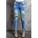 Sky Blue Lucky Clover Print Plaid Patchwork Skinny Fit Distressed Jeans Sky Blue Lucky Clover Print Plaid Patchwork Skinny Fit Distressed Jeans