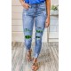 Sky Blue Lucky Clover Print Plaid Patchwork Skinny Fit Distressed Jeans Sky Blue Lucky Clover Print Plaid Patchwork Skinny Fit Distressed Jeans