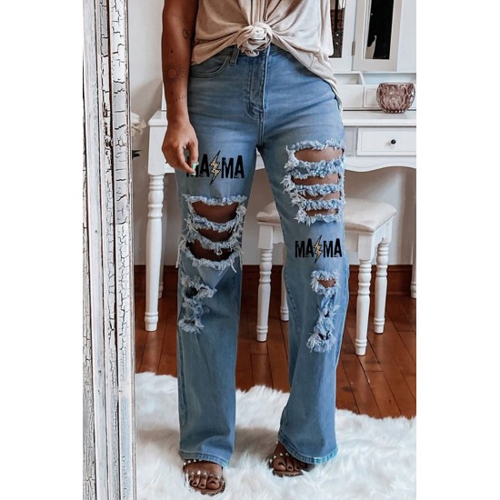 Sky Blue MAMA Leopard Blot Print Distressed Slits Flare Jeans Sky Blue MAMA Leopard Blot Print Distressed Slits Flare Jeans