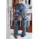 Sky Blue MAMA Leopard Blot Print Distressed Slits Flare Jeans Sky Blue MAMA Leopard Blot Print Distressed Slits Flare Jeans