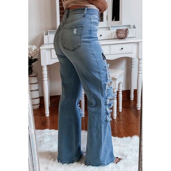 Sky Blue MAMA Leopard Blot Print Distressed Slits Flare Jeans Sky Blue MAMA Leopard Blot Print Distressed Slits Flare Jeans