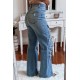 Sky Blue MAMA Leopard Blot Print Distressed Slits Flare Jeans Sky Blue MAMA Leopard Blot Print Distressed Slits Flare Jeans