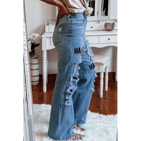 Sky Blue MAMA Leopard Blot Print Distressed Slits Flare Jeans Sky Blue MAMA Leopard Blot Print Distressed Slits Flare Jeans