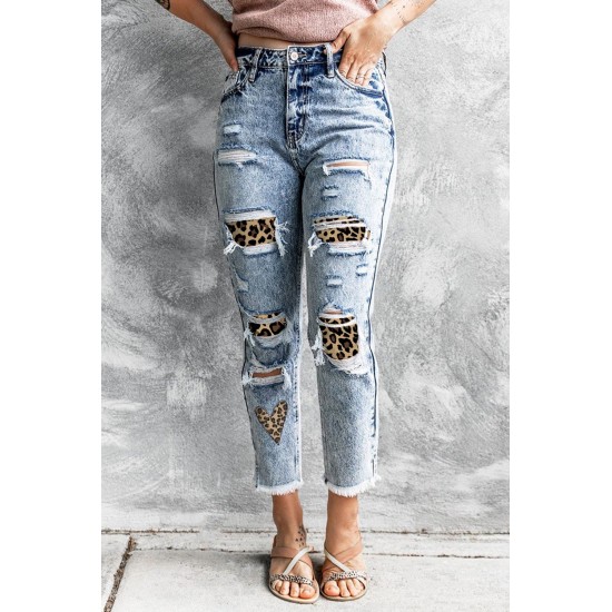 Sky Blue Leopard Patches Patchwork Distressed Faded Jeans Sky Blue Leopard Patches Patchwork Distressed Faded Jeans