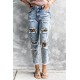 Sky Blue Leopard Patches Patchwork Distressed Faded Jeans Sky Blue Leopard Patches Patchwork Distressed Faded Jeans