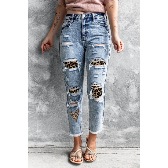 Sky Blue Leopard Patches Patchwork Distressed Faded Jeans Sky Blue Leopard Patches Patchwork Distressed Faded Jeans