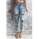 Sky Blue Leopard Patches Patchwork Distressed Faded Jeans Sky Blue Leopard Patches Patchwork Distressed Faded Jeans