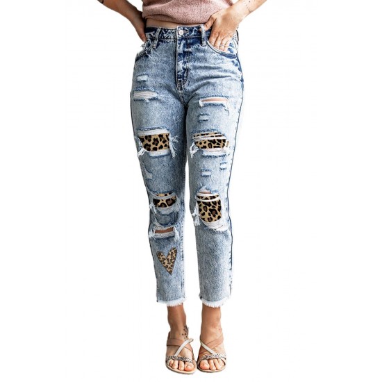 Sky Blue Leopard Patches Patchwork Distressed Faded Jeans Sky Blue Leopard Patches Patchwork Distressed Faded Jeans