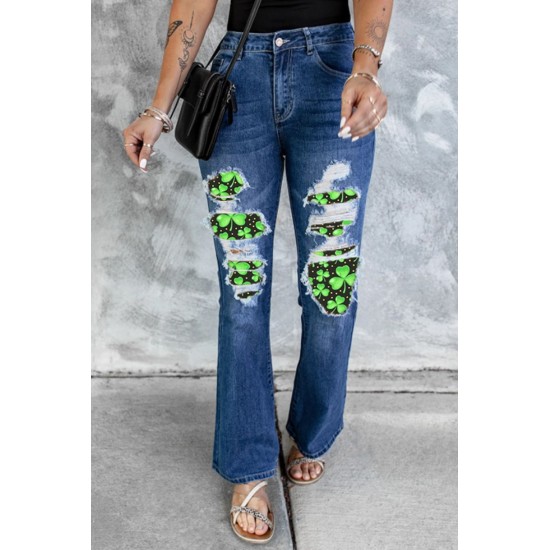 Blue St Patrick Clover Patchwork High Rise Flare Jeans Blue St Patrick Clover Patchwork High Rise Flare Jeans