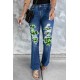 Blue St Patrick Clover Patchwork High Rise Flare Jeans Blue St Patrick Clover Patchwork High Rise Flare Jeans