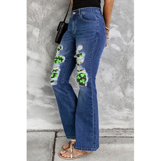 Blue St Patrick Clover Patchwork High Rise Flare Jeans Blue St Patrick Clover Patchwork High Rise Flare Jeans
