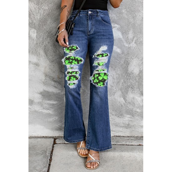 Blue St Patrick Clover Patchwork High Rise Flare Jeans Blue St Patrick Clover Patchwork High Rise Flare Jeans